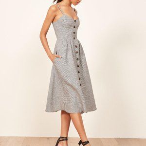 Reformation Thelma Linen Dress Houndstooth Black + White